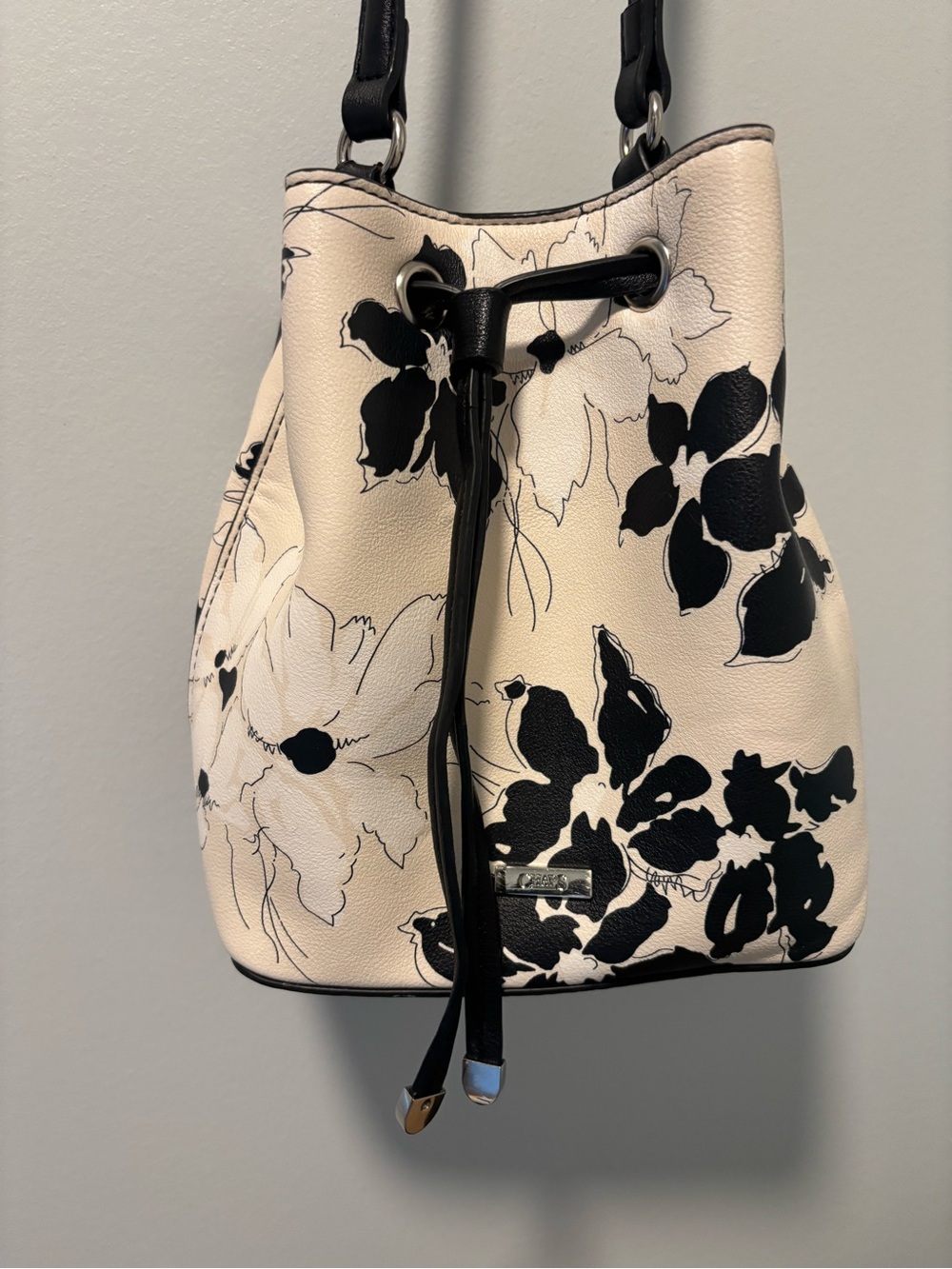 Chaps Black & Cream Floral Drawstring Shoulder Bag